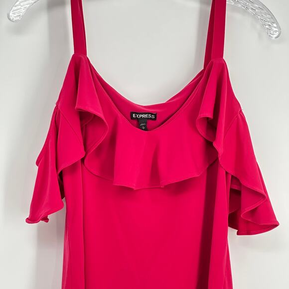 Express Women's Halter Neck Ruffled Top Size Small Cold Shoulder Hot Pink Blouse - Picture 3 of 11